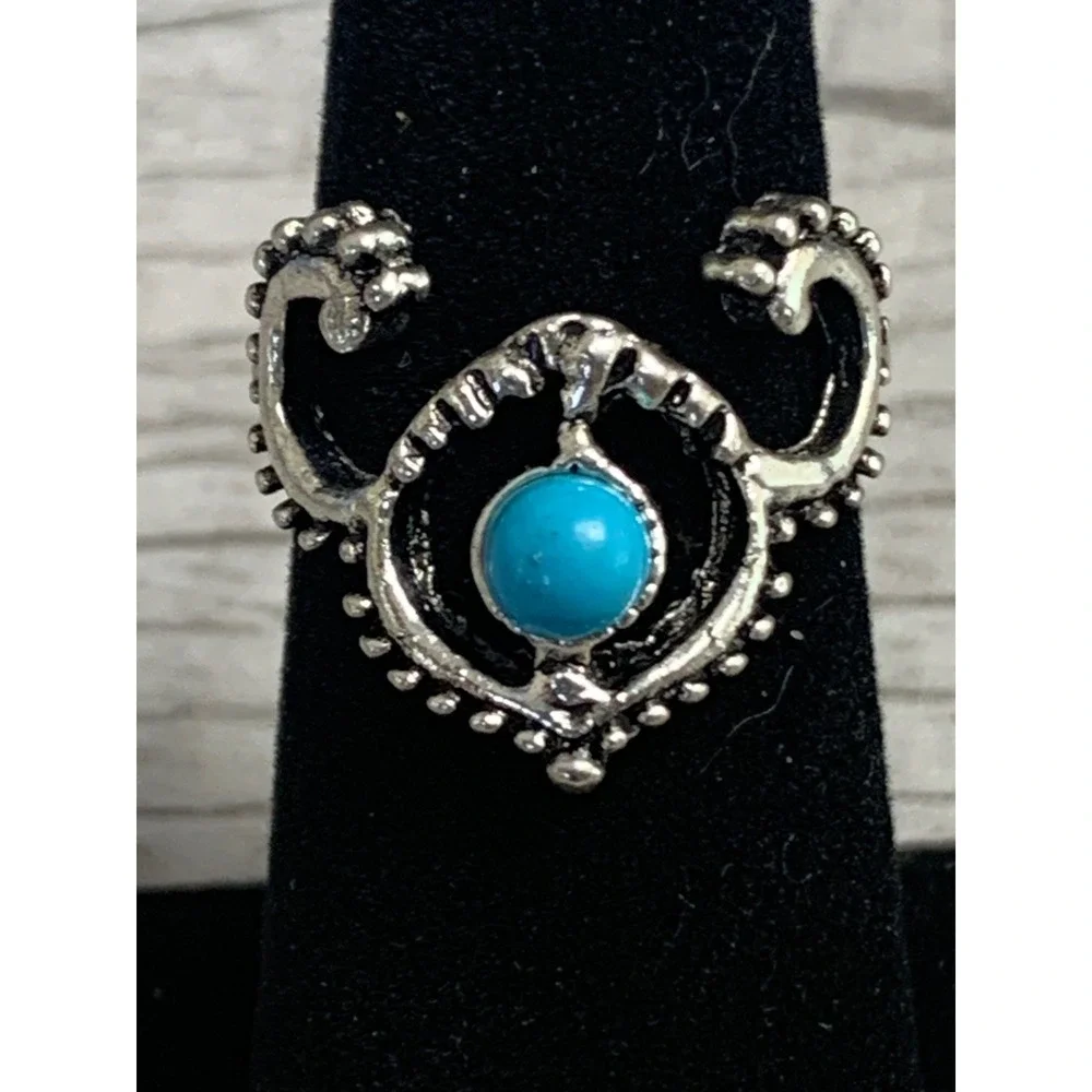 Boho Silver Tone Turquoise Cabochon Scrollwork Statement Ring Size 6.5